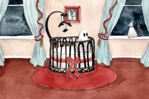 'Ghost Baby' is a watercolor painting by Flukelady, it depicts a baby ghost in its crib.