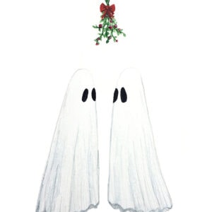 'Mistletoe Ghosts' is a painting by Flukelady that depicts two ghosts beneath mistletoe.
