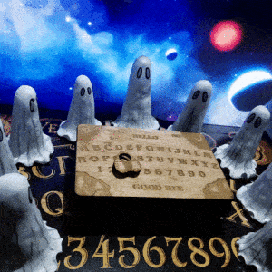 An animated image showing the haunted spirit board in-motion