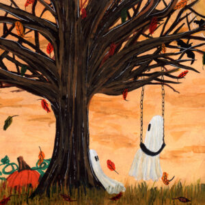 'Autumn', a painting of a ghost on a tree swing on a fall day. Painted by Flukelady.