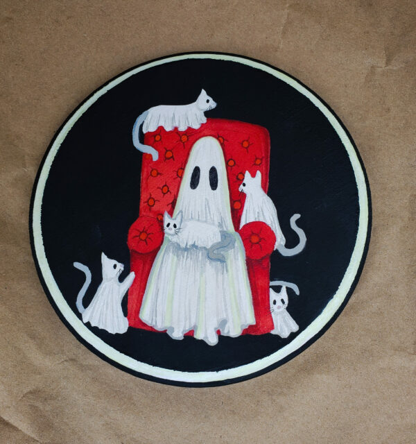 Ghost With Cats II Glowing Wood Round