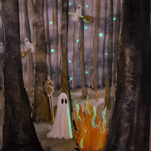 Example photo showing the glow-in-the-dark details on Flukelady's Forest painting.