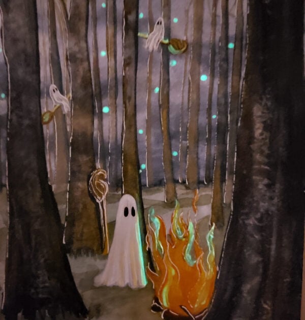 Example photo showing the glow-in-the-dark details on Flukelady's Forest painting.