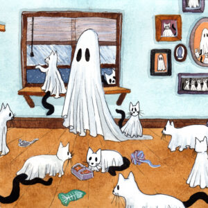 'Many', a watercolor painting of a ghost surrounded by many cats.