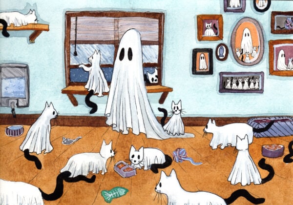 'Many', a watercolor painting of a ghost surrounded by many cats.