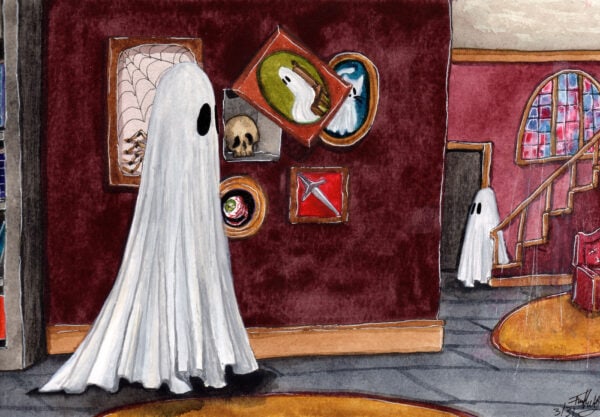 'Hidden', a watercolor painting of two ghosts roaming the interior of a mansion.