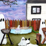 'Ghost Family', a watercolor painting of a family of ghosts enjoying a summer day in their yard.