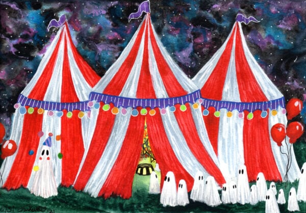 'Circus' is a watercolor painting depicting ghosts visiting a circus.