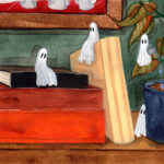 'Tiny' is a watercolor painting that features tiny ghosts on a bookshelf.