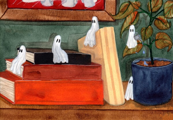 'Tiny' is a watercolor painting that features tiny ghosts on a bookshelf.