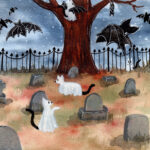 'Cats and Bats' is a watercolor painting featuring ghost cats and bats at a cemetary.