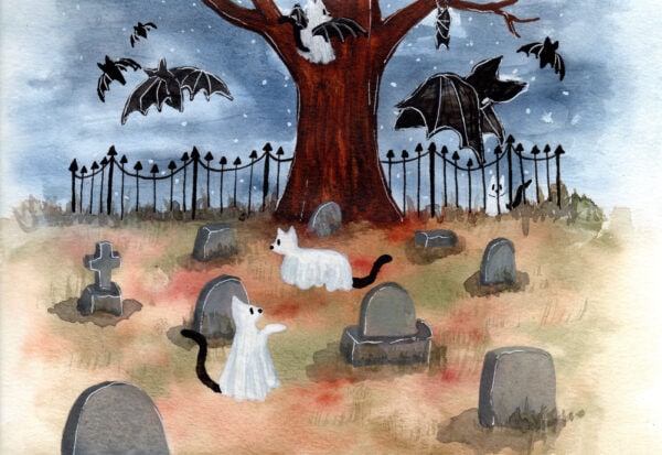 'Cats and Bats' is a watercolor painting featuring ghost cats and bats at a cemetary.