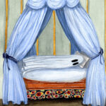 A watercolor painting of a ghost trying to sleep with unknown horrors below its bed