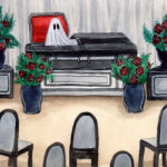 'Funeral' is a watercolor painting of a ghost waking from his coffin in an empty funeral parlor.
