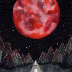 'Full Moon' is a watercolor painting by Flukelady that depicts two ghosts meeting beneath a full moon.