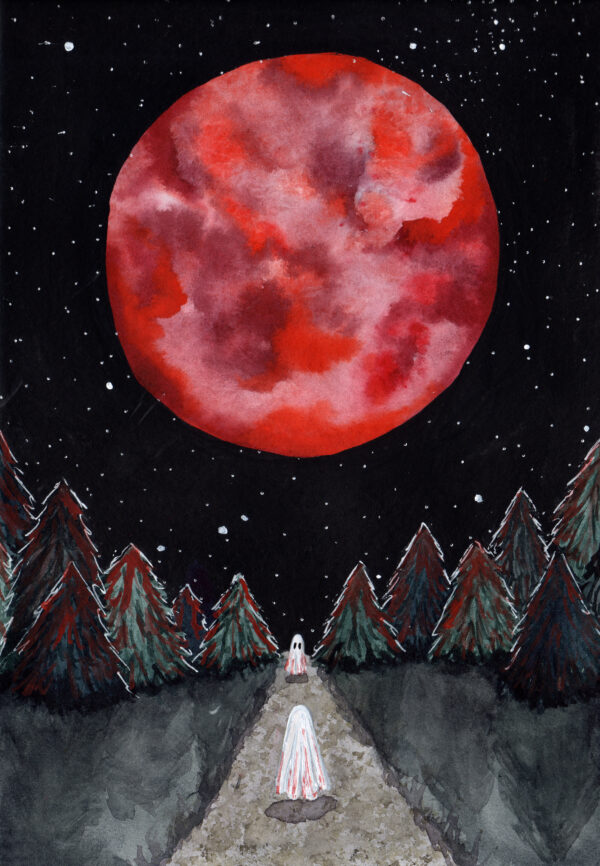 'Full Moon' is a watercolor painting by Flukelady that depicts two ghosts meeting beneath a full moon.