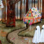 'Folklore', a watercolor painting by Flukelady featuring two young ghosts approaching a gingerbread house in a forest.