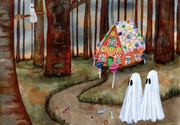 'Folklore', a watercolor painting by Flukelady featuring two young ghosts approaching a gingerbread house in a forest.