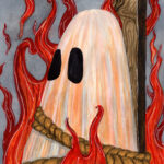 'Burn', a watercolor painting by Flukelady that depicts a sheet ghost burning at a stake.