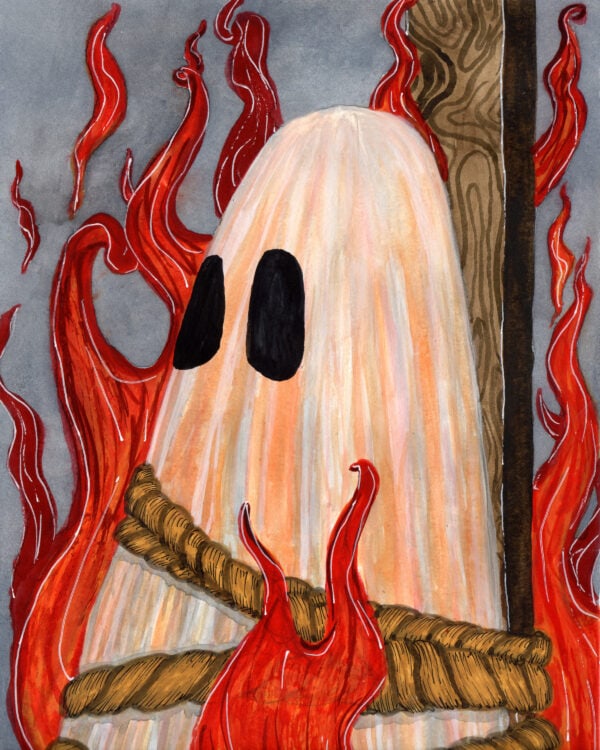 'Burn', a watercolor painting by Flukelady that depicts a sheet ghost burning at a stake.