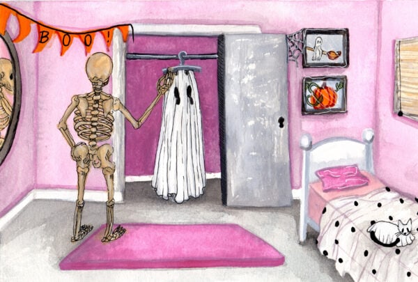 'Skeleghost' is a watercolor painting by Flukelady. A ghost has removed its sheet to reveal a skeleton.