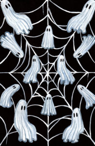 'Pattern' is a watercolor painting of a spiderweb and several ghosts placed uniformly along the web.