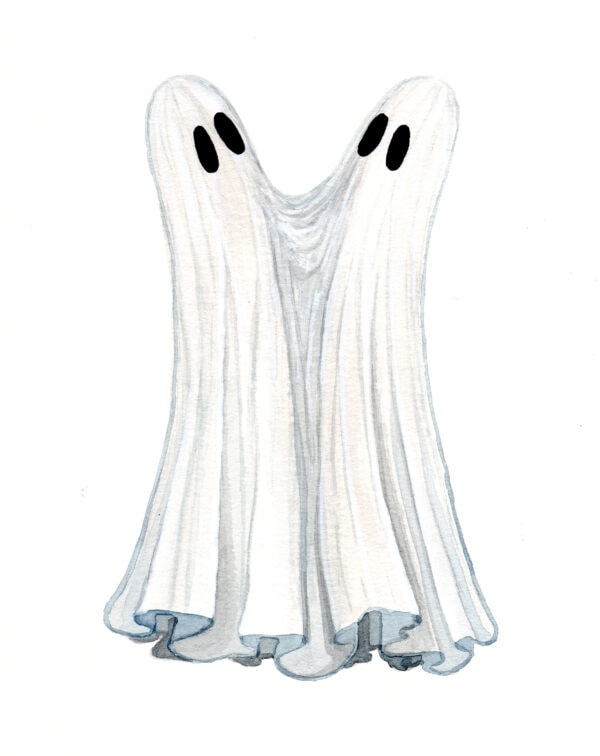 'Two Headed' is a watercolor painting by Flukelady that features a sheet ghost with two heads.