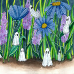 'Garden' is a watercolor painting by Flukelady. It features several tiny ghosts hiding in a garden bed.