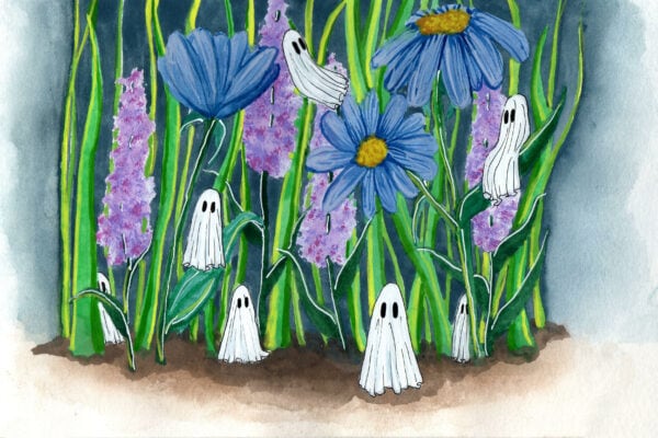 'Garden' is a watercolor painting by Flukelady. It features several tiny ghosts hiding in a garden bed.