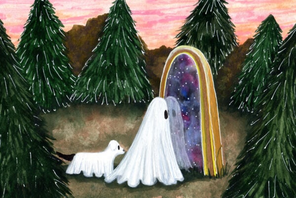 In this watercolor painting, a ghost peers into a mirror that does not quite reflect it's surroundings.