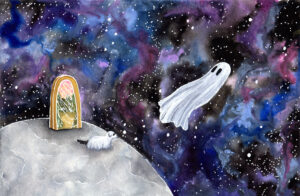 'Space Ghost' is a watercolor painting by Flukelady that features a ghost and their dog floating through space.