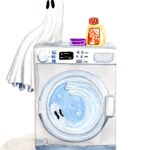 'Drowned' is a watercolor painting by Flukelady, it shows a ghost sitting on a washing machine with another trapped inside.