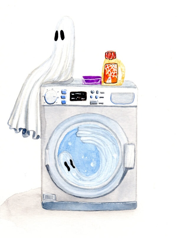 'Drowned' is a watercolor painting by Flukelady, it shows a ghost sitting on a washing machine with another trapped inside.