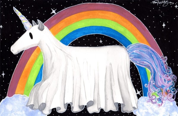 'Ghost Animal' is a watercolor painting by Flukelady featuring a ghost unicorn in front of a celestial rainbow.