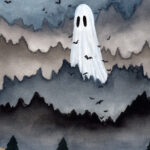 'Giant' is a watercolor painting by Flukelady. It depicts a giant ghost looming over a mountainous forest landscape..