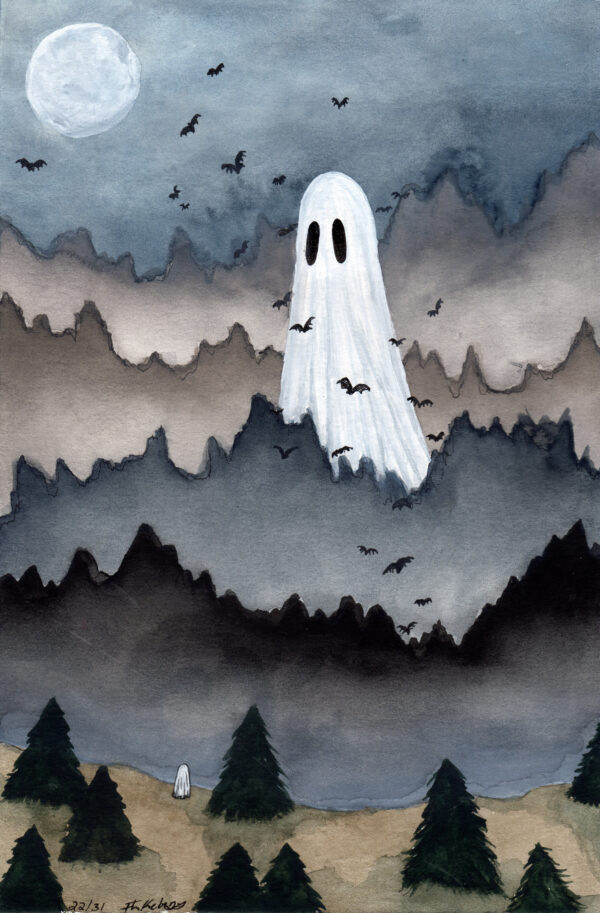 'Giant' is a watercolor painting by Flukelady. It depicts a giant ghost looming over a mountainous forest landscape..