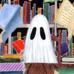'Library' is a watercolor painting by Flukelady, it depicts a ghost in a library surrounded by floating books.