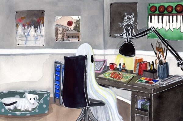 'Me as a Ghost' is a watercolor painting by Flukelady. It depicts a ghost/artist working in their studio.