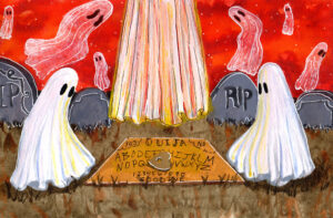 'Séance' is a watercolor painting by Flukelady, it depicts ghosts using an Ouija board to summon a spirit.
