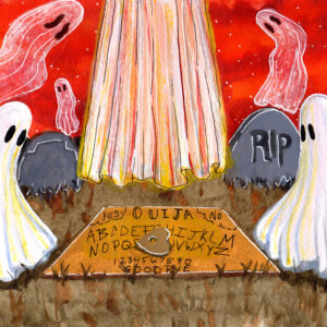 'Séance' is a watercolor painting by Flukelady, it depicts ghosts using an Ouija board to summon a spirit.
