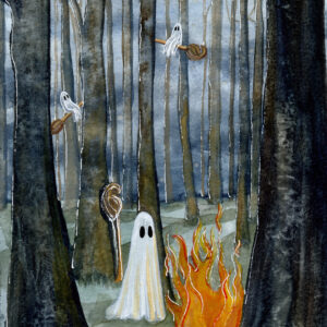 'Forest' is a watercolor painting by Flukelady, it depicts witchy ghosts flying on broomsticks around a fire.