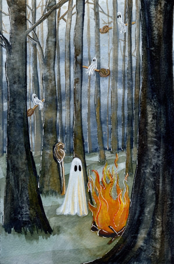 'Forest' is a watercolor painting by Flukelady, it depicts witchy ghosts flying on broomsticks around a fire.