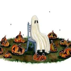 'Rotting' is a watercolor painting by Flukelady, it depicts a ghost sitting in a rotten pumpkin patch.