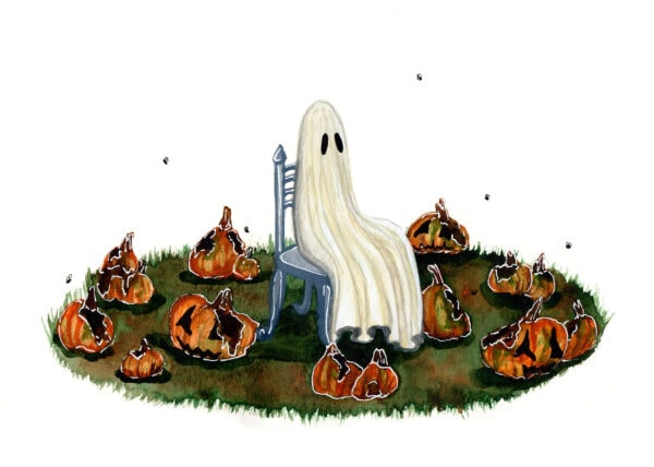 'Rotting' is a watercolor painting by Flukelady, it depicts a ghost sitting in a rotten pumpkin patch.