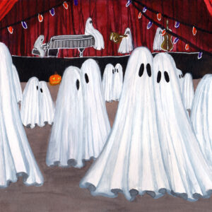 'Halloween Ball' is a watercolor painting by Flukelady. It depicts ghosts dancing at a formal event.
