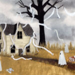 'Haunted House' is a painting by Flukelady that depicts ghosts covering a house in toilet paper.