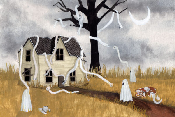 'Haunted House' is a painting by Flukelady that depicts ghosts covering a house in toilet paper.