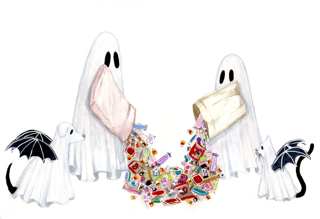 'Trick or Treat' is a painting by Flukelady that depicts ghosts inspecting their halloween candy haul.