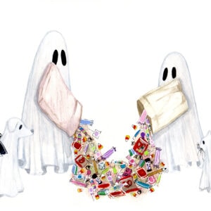 'Trick or Treat' is a painting by Flukelady that depicts ghosts inspecting their halloween candy haul.