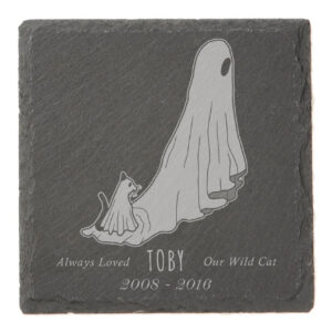 A customized slate tile engraved with memorial graphics for a cat.